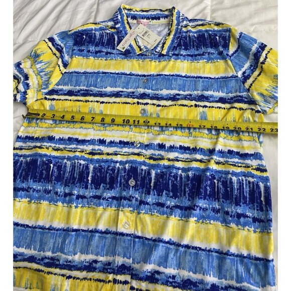 Woman's Short-Sleeve Button-Up Shirt XL Blue Yellow Striped Casual Palm Harbor - Picture 5 of 12